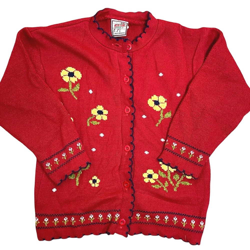 Vintage Plaid Moose Floral Knit Cardigan Girls L Red Embroidered Scalloped Trim‎